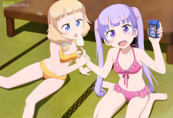 Rule 34 | 10s, 2girls, :d, absurdres, amasaki manamu, arm grab, arm support, barefoot, bikini, blonde hair, blue eyes, blush, brown hair, camera, collarbone, copyright name, eyebrows, feet, food, frilled bikini, frills, hair bobbles, hair ornament, halterneck, head tilt, highres, holding, holding camera, holding food, ice cream, licking, light purple hair, long hair, looking at viewer, multiple girls, navel, new game!, official art, one-piece swimsuit, open mouth, orange bikini, outstretched arm, pink bikini, ponytail, purple eyes, red one-piece swimsuit, sakura nene, shinoda hajime, sitting, smile, soft serve, standing, suzukaze aoba, swimsuit, table, takimoto hifumi, tatami, toes, tongue, tongue out, twintails, very long hair, yellow one-piece swimsuit