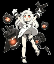 Rule 34 | 10s, 1girl, abyssal ship, ahoge, aircraft, airplane, anklet, barefoot, black panties, feet, gloves, horns, jewelry, kantai collection, long hair, looking at viewer, lots of jewelry, mittens, monster, nana-ine, navel, northern ocean princess, open mouth, pale skin, panties, red eyes, side-tie panties, solo, string panties, turret, underwear, white hair, white mittens