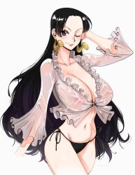 Rule 34 | 1girl, absurdres, bikini, bikini bottom only, black eyes, black hair, blush, boa hancock, breasts, cleavage, closed mouth, commentary, commission, covered erect nipples, cowboy shot, earrings, english commentary, eyelashes, forehead, frilled shirt, frilled sleeves, frills, hand in own hair, highres, jewelry, joy boy, large breasts, lips, long hair, looking at viewer, navel, one eye closed, one piece, parted bangs, see-through, see-through shirt, shirt, side-tie bikini bottom, simple background, smile, snake earrings, solo, standing, stomach, sweat, swimsuit, white background, white shirt