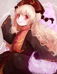 Rule 34 | 1girl, black dress, blonde hair, chinese clothes, dress, hair ornament, hoshibuchi, junko (touhou), long hair, long sleeves, looking at viewer, red eyes, smile, solo, table, touhou, very long hair, wide sleeves