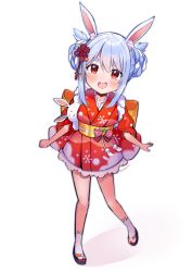 Rule 34 | 1girl, :d, animal ear fluff, animal ears, artist name, back bow, blue hair, blush, bow, braid, braided bun, breasts, commentary request, don-chan (usada pekora), full body, hair between eyes, hair bun, highres, hololive, japanese clothes, kimono, long hair, looking at viewer, medium breasts, multicolored hair, open mouth, orange bow, orange eyes, rabbit ears, rabbit girl, red footwear, red kimono, round teeth, sandals, sasha chii, short sleeves, sidelocks, simple background, sleeves past elbows, smile, solo, standing, tabi, teeth, thick eyebrows, two-tone hair, usada pekora, usada pekora (new year), v-shaped eyebrows, virtual youtuber, white background, white hair, white legwear, wide sleeves, yukata
