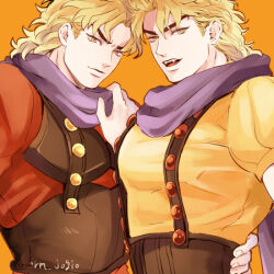 Rule 34 | 2boys, blonde hair, commentary request, dio brando, dual persona, ear birthmark, fangs, grm jogio, jojo no kimyou na bouken, looking at viewer, lowres, male focus, medium hair, multiple boys, open mouth, orange background, phantom blood, purple scarf, red eyes, scarf, smile, suspenders, vampire, yellow eyes
