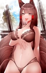 Rule 34 | 1girl, absurdres, akagi (azur lane), animal ears, azur lane, blush, breasts, brown hair, cleavage, cowboy shot, fox ears, fox girl, fox tail, highres, large breasts, lingerie, long hair, navel, open mouth, red eyes, samip, solo, tail, tongue, tongue out, underwear