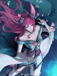 Rule 34 | 1girl, ahri (league of legends), animal ears, bare shoulders, bell, black background, bow, breasts, closed mouth, collarbone, cowboy shot, fingernails, fox ears, fox girl, fox tail, grey bow, hair bell, hair ornament, hand up, highres, japanese clothes, jellyjelly, kimono, large bow, large breasts, league of legends, long hair, long sleeves, multiple tails, nail polish, official alternate costume, petals, red hair, sharp fingernails, solo, spirit blossom ahri, tail, thighhighs