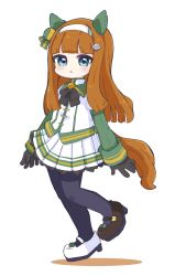 Rule 34 | 1girl, :o, absurdres, animal ears, asymmetrical footwear, black bow, black footwear, black gloves, black pantyhose, blue eyes, blush, bow, brown hair, colored shadow, commentary request, full body, gloves, green shirt, hairband, highres, horse ears, horse girl, horse tail, jacket, layered sleeves, long sleeves, looking at viewer, mismatched footwear, nozo (hitomiz), pantyhose, parted lips, pleated skirt, puffy short sleeves, puffy sleeves, shadow, shirt, shoes, short over long sleeves, short sleeves, silence suzuka (umamusume), skirt, solo, standing, standing on one leg, tail, umamusume, white footwear, white hairband, white jacket, white skirt