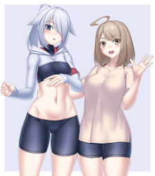 Rule 34 | 2girls, :d, :o, ahoge, armband, bare shoulders, bike shorts, black sports bra, blue background, blue eyes, blush, breasts, brown eyes, brown hair, brown shirt, chado maki, collarbone, commentary request, covered collarbone, cowboy shot, cropped jacket, gluteal fold, groin, hair between eyes, hair flaps, hair over one eye, hand on another&#039;s waist, hand up, hood, hood down, hooded jacket, jacket, large breasts, long hair, looking at viewer, midriff, multiple girls, myouan, navel, off-shoulder shirt, off shoulder, open mouth, original, ponytail, shirakami itsuki, shirt, short hair, short sleeves, shrug (clothing), sidelocks, silver hair, simple background, skindentation, sleeves past wrists, small breasts, smile, sports bra, standing, thick eyebrows, turtleneck, white background, white jacket, zipper pull tab