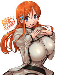 Rule 34 | 1girl, amania orz, bleach, blue eyes, breasts, hair ornament, hairclip, hairpin, highres, huge breasts, inoue orihime, medium hair, open mouth, orange hair, simple background, smile, solo, teeth, upper teeth only, white background
