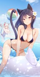 Rule 34 | &gt; &lt;, 2girls, :d, > <, absurdres, animal ears, arched back, ball, bare arms, bare shoulders, beachball, bikini, black bikini, black hair, breasts, cat ears, cat girl, cat tail, cleavage, closed mouth, collarbone, extra ears, floating hair, flower, futoshi ame, hair flower, hair ornament, halterneck, halterneck, highres, inflatable dolphin, inflatable toy, large breasts, long hair, looking at viewer, medium breasts, motion blur, multiple girls, navel, open mouth, original, purple eyes, side-tie bikini bottom, smile, stomach, strap gap, string bikini, swimsuit, tail, tail raised, thighs, twintails, wading, water, white hair, xd
