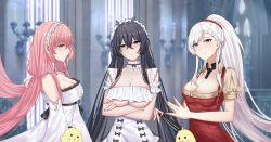 Rule 34 | &gt; &lt;, 3girls, absurdres, apron, arms under breasts, azur lane, bare shoulders, belfast (azur lane), belfast (piping-hot perfection) (azur lane), between breasts, black hair, braid, breasts, broken, broken chain, brown shirt, chain, chandelier, choker, cleavage, collar, crossed arms, detached sleeves, dress, folded fan, folding fan, french braid, frilled choker, frilled dress, frills, from side, green eyes, hair between eyes, hand fan, high ponytail, highres, holding, holding fan, indomitable (azur lane), indomitable (ms. motivationless maid) (azur lane), large breasts, long hair, long sleeves, looking at viewer, maid headdress, manjuu (azur lane), metal collar, multiple girls, official alternate costume, perseus (azur lane), pink eyes, pink hair, purple eyes, red apron, shirt, short sleeves, standing, underboob, upper body, very long hair, white dress, white hair, wide sleeves, yuyu-lyf