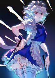 Rule 34 | 1girl, apron, ass, back bow, blue background, blue dress, bow, braid, breasts, commentary, cowboy shot, dress, glowing, gradient background, hair between eyes, highres, holding, holding knife, izayoi sakuya, knife, looking at viewer, looking back, maid, maid apron, medium breasts, parted lips, puffy short sleeves, puffy sleeves, red eyes, short sleeves, silver hair, solo, thighhighs, thighs, throwing knife, touhou, u u zan, weapon, white bow, white thighhighs, wristband