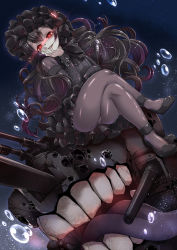 Rule 34 | 10s, 1girl, absurdres, abyssal ship, black bow, black dress, black footwear, black hair, black pantyhose, bonnet, bow, crossed legs, dress, frilled dress, frills, gothic lolita, grin, head rest, highres, horns, isolated island oni, kantai collection, lolita fashion, long hair, looking at viewer, pale skin, pantyhose, red eyes, sesield, shoes, sitting, smile, very long hair, white hair