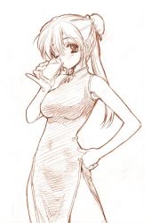 Rule 34 | 1girl, breasts, china dress, chinese clothes, dress, drinking, hair bun, hand on own hip, long hair, looking at viewer, mitarashi kousei, monochrome, one eye closed, original, pinky out, simple background, single hair bun, solo, white background, wink