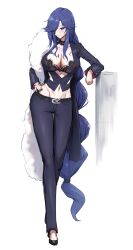 Rule 34 | 1girl, absurdly long hair, absurdres, alternate breast size, azur lane, belt, biloxi (azur lane), biloxi (empress in the silk seat) (azur lane), black belt, black bra, black choker, black footwear, blue eyes, blue hair, blue jacket, blue pants, bra, bra peek, braid, breasts, business suit, choker, cleavage, contrapposto, crossed legs, dark blue hair, feather boa, formal, full body, hair over one eye, hand on own hip, highres, jacket, lace, lace-trimmed bra, lace trim, large breasts, long hair, long sleeves, looking at viewer, low-tied long hair, midriff, navel, pants, shiroshisu, simple background, single braid, solo, standing, suit, underwear, very long hair, white background