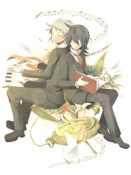 Rule 34 | 00s, 2boys, aki-t, back-to-back, black hair, blonde hair, book, elliot nightray, closed eyes, flower, formal, glasses, grey hair, leo (pandora hearts), lily (flower), lily of the valley, long hair, male focus, multiple boys, open mouth, pandora hearts, short hair, smile, suit