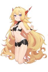 Rule 34 | 1girl, absurdly long hair, absurdres, barefoot, black shorts, black wristband, blonde hair, blush, breasts, crop top, feet, grin, hair intakes, halterneck, hands up, highres, horns, kneeling, long hair, looking at viewer, navel, original, pg (pege544), pointy ears, purple eyes, red horns, red pupils, short eyebrows, short shorts, shorts, simple background, small breasts, smile, solo, stomach, thick eyebrows, very long hair, white background