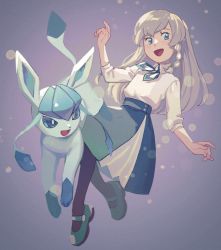 Rule 34 | 1girl, :d, ascot, blonde hair, blue eyes, blush, collared shirt, commentary request, creatures (company), eyelashes, game freak, gen 4 pokemon, glaceon, green ascot, green footwear, green skirt, highres, nintendo, ogege (ogege kyit), open mouth, pantyhose, pokemon, pokemon (anime), pokemon (creature), pokemon journeys, regina (pokemon), shirt, shoes, skirt, sleeves past elbows, smile, tongue, white shirt