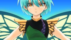Rule 34 | 1girl, aqua hair, butterfly wings, closed mouth, dress, eternity larva, fairy, futoumeido, green dress, hair between eyes, insect wings, multicolored clothes, multicolored dress, short hair, short sleeves, solo, touhou, upper body, wings, yellow eyes