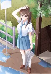Rule 34 | 1girl, absurdres, bad id, bad twitter id, blue necktie, blue skirt, blush, brown eyes, brown hair, bus stop, closed mouth, collared shirt, from above, grass, hand up, highres, holding, holding umbrella, long hair, necktie, original, outdoors, pleated skirt, puddle, reha r h, school uniform, shirt, shoes, short sleeves, skirt, socks, solo, standing, tree, umbrella, white shirt, white socks