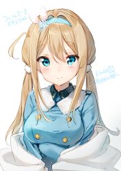Rule 34 | 1girl, blonde hair, blue eyes, blue jacket, blue shirt, blush, breasts, buttons, closed mouth, collared shirt, double-breasted, girls&#039; frontline, hair between eyes, hair ornament, hairband, highres, jacket, kinako (shiratama mochi), long hair, looking at viewer, medium breasts, shawl, shirt, sidelocks, signature, simple background, snowflake hair ornament, solo, suomi (girls&#039; frontline), twitter username, white background