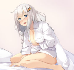 Rule 34 | 1girl, :d, bare legs, between legs, blue eyes, blush, braid, breast pocket, breasts, cleavage, collarbone, collared shirt, commentary request, dress shirt, grey background, hair ornament, hairclip, hand between legs, kanzen bouon, kizuna akari, large breasts, long hair, long sleeves, naked shirt, no bra, open mouth, pocket, shirt, simple background, sitting, smile, solo, twin braids, very long hair, voiceroid, wariza, white shirt