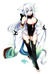 Rule 34 | 1girl, bare shoulders, black gloves, black thighhighs, blue eyes, breasts, cleavage, dated, gloves, hair between eyes, konshin, large breasts, long hair, looking at viewer, open mouth, original, pelvic curtain, signature, simple background, solo, stirrup legwear, thighhighs, toeless legwear, very long hair, white background, white hair