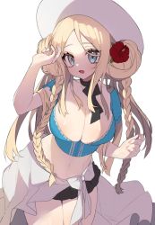 Rule 34 | 1girl, arm up, bad id, bad twitter id, black skirt, blonde hair, blue eyes, blue shirt, braid, breasts, choker, cleavage, cowboy shot, crop top, double bun, flower, hair bun, hair flower, hair ornament, hat, hibiscus, large breasts, long hair, looking at viewer, mid (gameshe), midriff, miniskirt, navel, open mouth, original, parted bangs, pleated skirt, ribbon choker, sarong, shirt, short sleeves, simple background, skirt, solo, stomach, sun hat, thighs, twin braids, white background, white hat