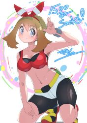 Rule 34 | 1girl, absurdres, alternate breast size, arm support, armpits, bare shoulders, bike shorts, bike shorts under shorts, black shorts, blue eyes, bow, bracelet, breasts, brown hair, creatures (company), full body, game freak, hair bow, highres, jewelry, kneeling, large breasts, looking at viewer, masamu3939, may (pokemon), micro shorts, navel, nintendo, pokemon, pokemon oras, red shirt, salute, shirt, shorts, sleeveless, sleeveless shirt, smile, solo, white shorts, yellow footwear