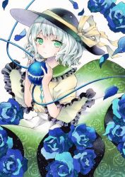 Rule 34 | 1girl, bad id, bad pixiv id, black hat, blouse, blue flower, blue rose, collared shirt, floral print, flower, frilled sleeves, frills, funnyfunny, green eyes, green skirt, hat, hat ribbon, highres, holding, komeiji koishi, long sleeves, looking at viewer, parted lips, petals, ribbon, rose, rose petals, shirt, short hair, silver hair, simple background, skirt, solo, string, third eye, touhou, traditional media, white background, wide sleeves, yellow ribbon, yellow shirt