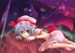 Rule 34 | 1girl, arm garter, bad id, bad pixiv id, bat (animal), bat wings, bed, blue hair, bow, demon girl, dress, female focus, glowing, gradient background, hat, lying, night, night sky, on stomach, open mouth, outdoors, pink eyes, pochi-t, remilia scarlet, ribbon, short hair, sky, solo, touhou, wings