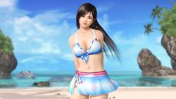 Rule 34 | 1girl, 3d, arms behind back, beach, bikini, bikini skirt, black hair, blue eyes, blurry, breasts, cleavage, cloud, coconut tree, contrapposto, cowboy shot, dead or alive, dead or alive xtreme venus vacation, depth of field, floral print, head tilt, kokoro (doa), long hair, looking at viewer, medium breasts, navel, ocean, official art, outdoors, palm tree, parted lips, sky, solo, standing, swimsuit, tree