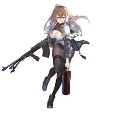 Rule 34 | 1girl, artist request, balloon, black pantyhose, blue eyes, blue jacket, blush, bodysuit, breasts, brown hair, car (girls&#039; frontline), cleavage, fur-trimmed jacket, fur collar, fur trim, girls&#039; frontline, gun, hair between eyes, hair ornament, hairclip, hand on weapon, holding, holding weapon, jacket, large breasts, leaning forward, long hair, looking at viewer, machine gun, pantyhose, shirt, shoes, sneakers, solo, thighs, transparent background, weapon, white background, white shirt