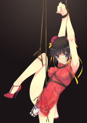 Rule 34 | 1girl, armpits, arms up, bdsm, black background, black hair, blue eyes, blush, bondage, bound, breasts, china dress, chinese clothes, clenched teeth, double bun, dress, feet, hair bun, high heels, highres, leg up, legs, looking down, murakami suigun, panties, quipao, red footwear, rope, sex toy, shoes, short hair, simple background, solo, sweat, teeth, thighs, underwear, vibrator, vibrator under clothes, vibrator under panties