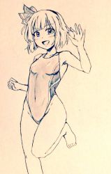 Rule 34 | 1girl, alternate costume, bare legs, bare shoulders, black hairband, black ribbon, blue eyes, bob cut, breasts, commentary request, competition swimsuit, covered navel, d-m (dii emu), eyelashes, greyscale, hair ribbon, hairband, konpaku youmu, leg up, looking at viewer, monochrome, one-piece swimsuit, open mouth, ribbon, short hair, small breasts, standing, standing on one leg, swimsuit, touhou, traditional media