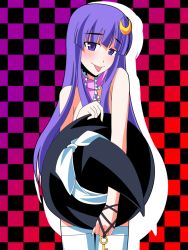 Rule 34 | 1girl, :p, crescent, crescent hair ornament, crescent moon, female focus, hair ornament, hat, hoshiyasorano, long hair, moon, patchouli knowledge, purple eyes, purple hair, solo, tongue, tongue out, touhou, witch hat
