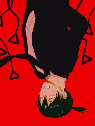 Rule 34 | 1boy, black hair, black jacket, black necktie, black pants, chainsaw man, clenched teeth, collared shirt, derivative work, floating neckwear, formal, hayakawa aki, highres, jacket, looking at viewer, necktie, pants, pecopecosupipi, pull cord, red background, shirt, shirt tucked in, short hair, sideways glance, simple background, solo, suit, suit jacket, sweat, teeth, topknot, upside-down, white shirt