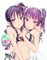 Rule 34 | &gt;:), 10s, 2girls, bikini, blush, choker, commentary request, drinking straw, drinking straw in mouth, eating, food, holding, holding drinking straw, hug, kazuno leah, kazuno sarah, looking at viewer, love live!, love live! sunshine!!, micopp, midriff, multiple girls, navel, one side up, purple eyes, purple hair, saint snow, scrunchie, shaved ice, siblings, simple background, sisters, smile, spoon, swimsuit, tsurime, twintails, upper body, v-shaped eyebrows, white background, wrist scrunchie