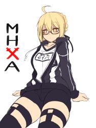 Rule 34 | 1girl, ahoge, artoria pendragon (fate), blonde hair, braid, commentary, crown braid, drawstring, english commentary, expressionless, fate/grand order, fate (series), glasses, hair between eyes, highres, jacket, mysterious heroine x alter (fate), mysterious heroine x alter (second ascension) (fate), name tag, short hair, simple background, sitting, sketch, solo, sub-res, white background, yellow eyes