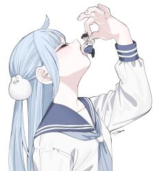 Rule 34 | 1boy, 1girl, ahoge, blue hair, blue sailor collar, closed eyes, from side, hair ornament, imminent vore, lifting person, long hair, mini person, miniboy, neck, original, pinching, rabbit hair ornament, sailor collar, school uniform, serafuku, size difference, tongue, upper body, white background, wolrero