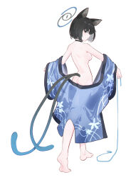 Rule 34 | 1girl, absurdres, animal ears, ass, barefoot, black choker, black eyes, black hair, blue archive, blue halo, breasts, cat ears, cat tail, choker, from behind, full body, halo, haori, highres, japanese clothes, kikyou (blue archive), multiple tails, short hair, simple background, small breasts, solo, tail, two tails, white background, xsan