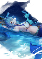 Rule 34 | 1girl, absurdres, animal ears, beppo (granblue fantasy), bikini, blue hair, blue skirt, breasts, closed mouth, erune, eureca nk, ferry (granblue fantasy), ferry (summer) (granblue fantasy), from side, full moon, geegee (granblue fantasy), ghost, granblue fantasy, hair spread out, highres, light smile, looking at viewer, looking to the side, lying, medium breasts, miniskirt, moon, navel, night, night sky, on back, partially submerged, shooting star, skirt, sky, star (sky), starry sky, swimsuit, white bikini, yellow eyes