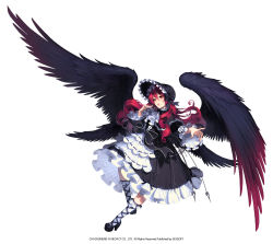 Rule 34 | 1girl, black wings, chaos online, company name, copyright name, dress, full body, hat, highres, long hair, love cacao, official art, open mouth, red eyes, red hair, simple background, solo, standing, standing on one leg, tersia, white background, wings