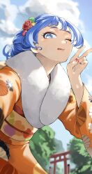 Rule 34 | 1girl, absurdres, alternate costume, alternate hairstyle, blue eyes, blue hair, blue sky, boku no hero academia, cloud, day, fengling (furin-jp), flower, hadou nejire, hair flower, hair ornament, hand up, highres, japanese clothes, kimono, looking at viewer, one eye closed, orange kimono, outdoors, outstretched arm, reaching, reaching towards viewer, selfie, sky, solo, tongue, tongue out, torii, v