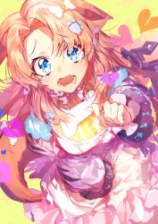 Rule 34 | 1girl, :o, animal ears, between legs, blue eyes, blush, brown hair, chain, dog ears, dog girl, dog hair ornament, dress, ears down, fangs, frilled dress, frills, hair ornament, hand between legs, hand up, highres, long hair, long sleeves, multicolored clothes, multicolored dress, open mouth, original, parted bangs, paw hair ornament, puffy sleeves, saliva, solo, tearing up, wata (attaka towel)