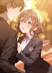 Rule 34 | 1boy, 1girl, absurdres, black suit, blurry, blurry background, blush, bob cut, brown hair, formal, hair ornament, hairpin, highres, looking at another, nyum, open mouth, original, red eyes, red ribbon, ribbon, school uniform, short hair, suit, sweatdrop