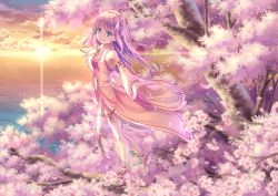 Rule 34 | 1girl, bare shoulders, blue eyes, cherry blossoms, cloud, cloudy sky, detached sleeves, hair ornament, long hair, original, outdoors, outstretched arms, pink hair, sky, smile, solo, sunset, tree, uehara yukihiko, water