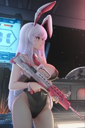 Rule 34 | 1girl, alternate costume, animal ears, bare arms, bare shoulders, black leotard, breasts, bullpup, cleavage, collarbone, cowboy shot, detached collar, earth (planet), eyelashes, fishnet pantyhose, fishnets, groin, gun, highres, holding, holding gun, holding weapon, killing floor 2, large breasts, leotard, long hair, mochi (chain csn), necktie, pantyhose, pink hair, planet, playboy bunny, rabbit ears, rabbit girl, red eyes, red necktie, reisen udongein inaba, sa80, screen, solo, space, standing, strapless, strapless leotard, touhou, trigger discipline, very long hair, weapon, window, wing collar