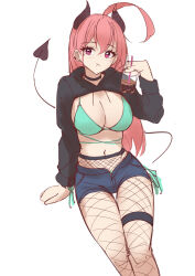Rule 34 | 1girl, :t, absurdres, ahoge, bikini, black choker, black hoodie, blue shorts, breasts, bubble tea, choker, cleavage, cropped hoodie, demon girl, demon horns, demon tail, drawstring, ear piercing, fishnet pantyhose, fishnets, green bikini, hand up, highres, holding, hood, hoodie, horns, large breasts, long hair, long sleeves, looking at viewer, mole, mole under eye, navel, open fly, original, pantyhose, parfait desu, parfy (parfait ehmy), piercing, pink hair, red eyes, short shorts, shorts, shrug (clothing), sitting, solo, stomach, string bikini, swimsuit, tail, tail raised, thigh strap, thighs, unfinished