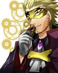Rule 34 | arc system works, blazblue, blonde hair, cape, facial hair, formal, gears, gloves, mask, relius clover, venetian mask, white eyes