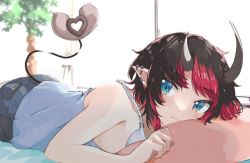 Rule 34 | 1girl, nanashi inc., alternate costume, black hair, black shorts, blue camisole, blue eyes, blush, breasts, camisole, closed mouth, commentary request, cowboy shot, curtains, demon girl, demon horns, demon tail, ear piercing, highres, horns, indoors, looking at viewer, lying, multicolored hair, on stomach, piercing, pillow, plant, pointy ears, potted plant, red hair, ryugasaki rene, short hair, shorts, smile, solo, sugar lyric, tail, two-tone hair, virtual youtuber, zono (inokura syuzo029)
