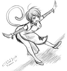 Rule 34 | 1girl, alternate costume, bangle, bare legs, bent over, bracelet, china dress, chinese clothes, detached sleeves, dress, eileen, greyscale, happy, high heels, jewelry, monkey tail, monochrome, outstretched arms, shoes, short hair, side slit, solo, tail, tal yuji, virtua fighter, virtua fighter 5, virtua fighter 5: final showdown